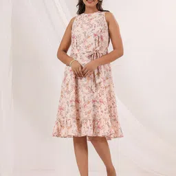 Janasya Women Peach Pure Cotton Floral Printed A-line Dress-image-6