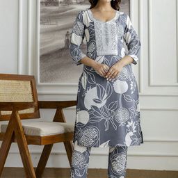 Trendmalls Women Floral Printed Regular Thread Work Kurta with Trousers-image-86