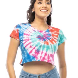 LAPPEN FASHION Abstract Tie and Dye Round Neck Crop Cotton T-shirt-picture-1
