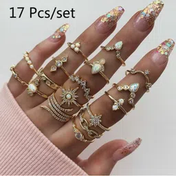 TheVineGirl Women 17 Pcs Gold Plated Floral Designed American Diamond Studded Rings-picture-25