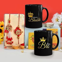 CraftVatika 6-Pcs Mugs With Greeting Card & Roli Chawal Rakhi Gift Set-image-38