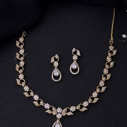 VOJ Gold-Plated American Diamond Studded Floral Shaped Jewellery Set-picture-42