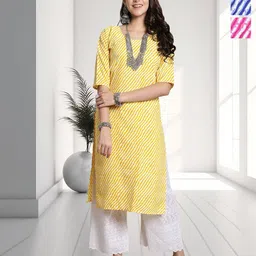 HERE&NOW Selection Of 3 Leheriya Printed Round Neck Straight Kurta-image-67