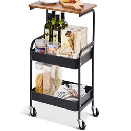 KriShyam Black & Brown 3 Tier Kitchen Multi-Utility Organiser With Wooden Tabletop-57