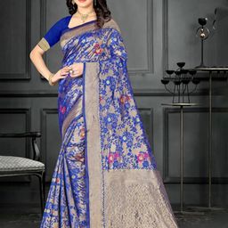 SAREEFLAME Floral Woven Design Zari Pure Silk Banarasi Saree With Blouse-picture-52