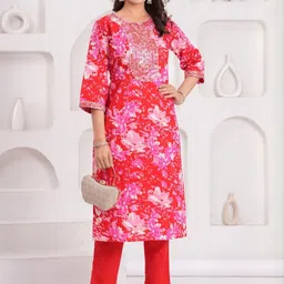 Women Red Floral Printed Cotton Kurta Pant Set with Gotta Patti & Sequin Work-16