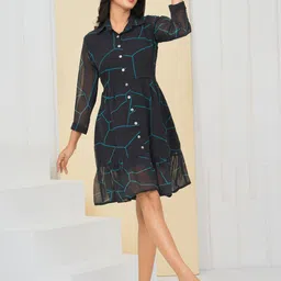 Kashtabhanjan BOPP Women Abstract Print Shirt Collar Georgette A-Line Above Knee Dress-image-43