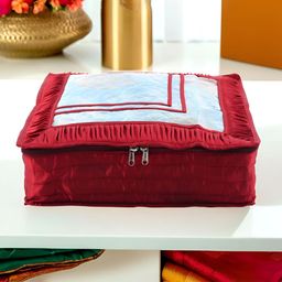 Aura Maroon & Transparent Frill Top Window Satin Saree Bag Organisers-23