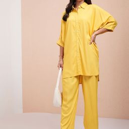 Vishudh Yellow Shirt Collar Three-Quarter Sleeves Kimono Style Tunic With Trouser-picture-32