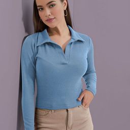 Dream Beauty Fashion Women Ribbed Shirt Collar Fitted Top-picture-20