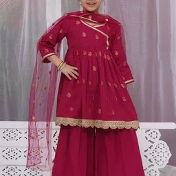 Little Bansi Girls Ethnic Motifs Printed Angrakha Gotta Patti Pure Cotton Kurta with Sharara & With Dupatta-picture-52