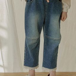 LULU & SKY Girls Cotton Heavy Fade Clean Look Straight Leg Lace Hem Jeans-image-10