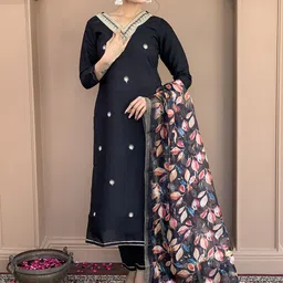 DHRUVIL IMPEX Women Solid Embroidered Kurti with Trousers & Dupatta-image-68