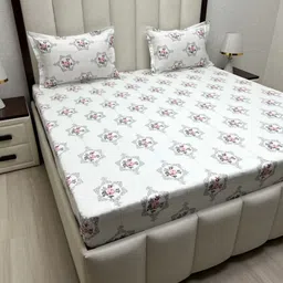Pure Decor White & Pink Floral 350 TC Queen Bedsheet with 2 Pillow Covers-picture-30