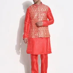 SHOWOFF Men Yoke Design Regular Raw Silk Kurta with Trousers-11