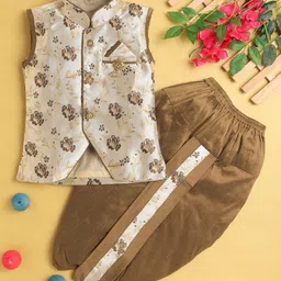 Jeetethnics Boys Floral Woven Design Mandarin Collar Silk Cotton Kurta with Dhoti Pant-image-26