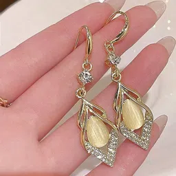 Celestique Cubic Zirconia Studded Korean Teardrop Shaped Drop Earrings-picture-14