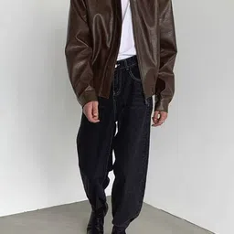 HERE&NOW Men Spread Collar Solid Leather Casual Leather Jacket-34