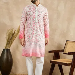 House of Pataudi Mandarin Collar Floral Printed Sequinned Straight Kurta-image-4