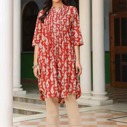SAVI Paisley Printed Pleated Mandarin Collar Cotton A-Line Kurta-24