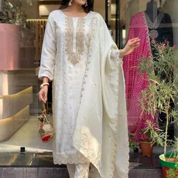HERE&NOW Women Ethnic Motifs Embroidered Regular Thread Work Kurta with Trousers & With Dupatta-picture-32