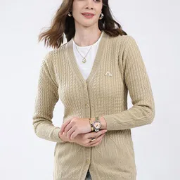 Monte Carlo Self Design Cable Knit V Neck Woollen Cardigan-image-14