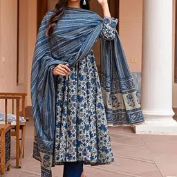PINGHAKS Floral Printed Notch Neck Pure Cotton Anarkali Kurta With Trousers & Dupatta-49
