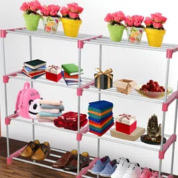 Decent Hut Pink & Silver Toned 8 Shelves Foldable Shoe Rack-57