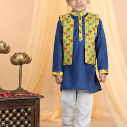 Here&Now X Kinder Kids Boys Mandarin Collar Pure Cotton Kurta with Trouser and Jacket-19