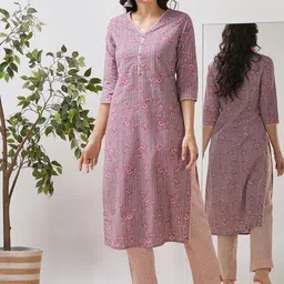KAMI KUBI Floral Printed V-Neck Straight Pure Cotton Kurta With Trousers-picture-4