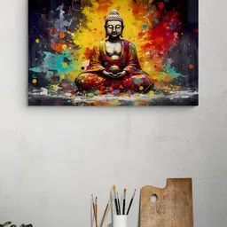 Tushaco Handicrafts Yellow & Blue Buddha Canvas Religious Wall Art-image-38
