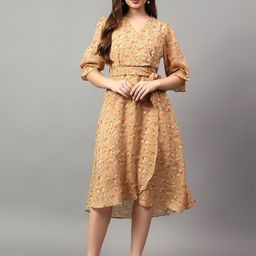 NKSA FASHION Women Floral Printed V-neck Cuffed Sleeves Wrap Dress-image-87