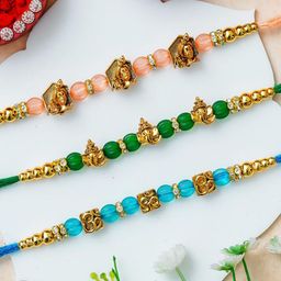 eCraftIndia Set of 3 Artfificial Beaded Om Ganesha Krishna Rakhi With Roli Chawal-image-5