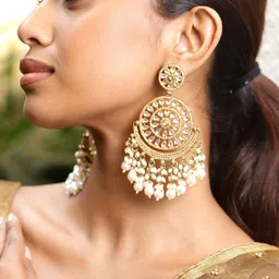 Rubans 18K Gold-Plated Studded & Pearls Beaded Contemporary Shaped Drop Earrings-image-20