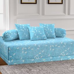 Arrabi 6Pcs Teal-Blue & White Floral Printed Skin-Friendly Superfine Quality Diwan Set-18