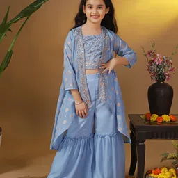 Sangria Girls Embroidered Crop Top & Sharara With Shrug-image-31