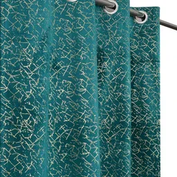Aura Teal & Gold-Toned 3 Pieces Floral Printed Velvet Long Door Curtains-picture-22