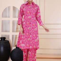 TRUVON FASHIONS Floral Printed A-Line Shirt Collar Pure Cotton Kurta With Pyjamas-picture-57