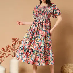 LookShine Women Floral Print Puff Sleeve A-Line Midi Dress-image-35