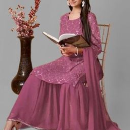 PARROT CREATION Geometric Embroidered Georgette Straight Kurta With Sharara & Dupatta-54