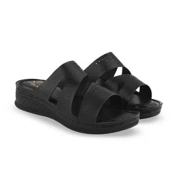 Shoetopia Wedge Sandals with Laser Cuts S-2072-Black-Black-10