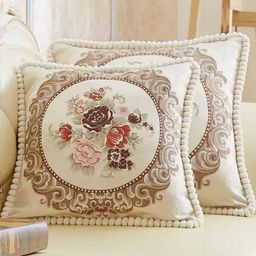 MONKDECOR Cream-Coloured & Brown Set of 2 Floral Embroidered Square Cushion Covers-8