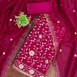 HERE&NOW Floral Embroidered Sequinned Net Unstitched Dress Material-image-44