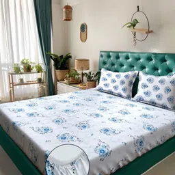 KLOTTHE Blue Floral 400 TC Pure Cotton Double Bedsheet with 2 Pillow Covers-image-73