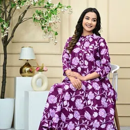 Arudhi Floral Printed Mandarin Collar Fit & Flare Cotton Midi Ethnic Dress-image-21