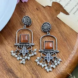 NAMAN ARTS Silver-Plated Artificial Stones Studded Square Drop Earrings-image-44