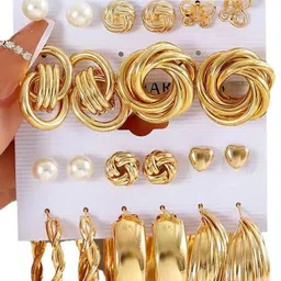 DressBerry Set Of 12 Gold-Plated Pearls Beaded Circular Half Hoop Earrings-28