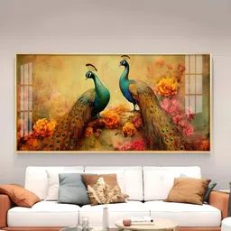 THE NEXT DECOR Yellow Two Peacock With Flower Background Glass Finish Horizontal Wall Art-3