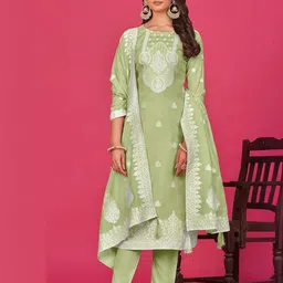 ODETTE Ethnic Motifs Embroidered Zari Organza Semi-Stitched Dress Material-image-13