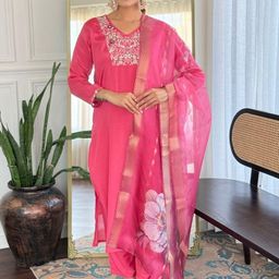 Women's Viscose Embroidered Straight Kurta with Pant And Dupatta Sets-6